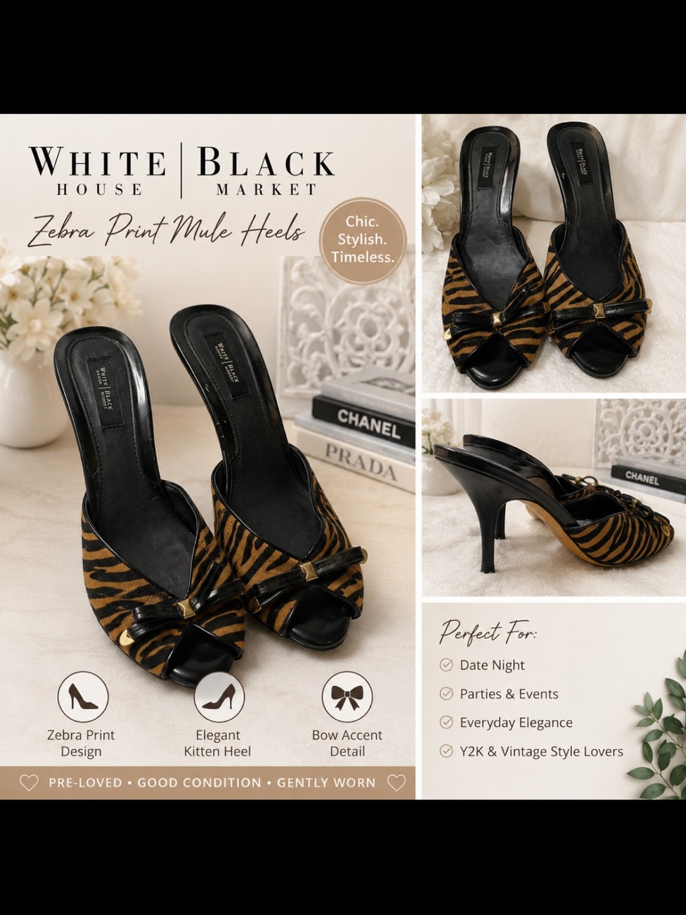White House Black Market Zebra-Print Mule Heels in Brown and Black
